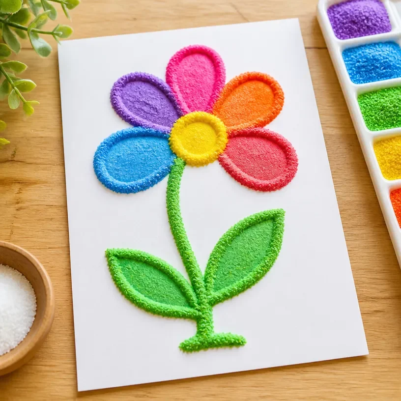Child creating a colorful 3D salt painting art project