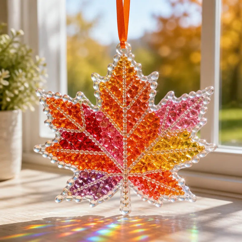Autumn Leaf Window Art with Crystal Rainbow