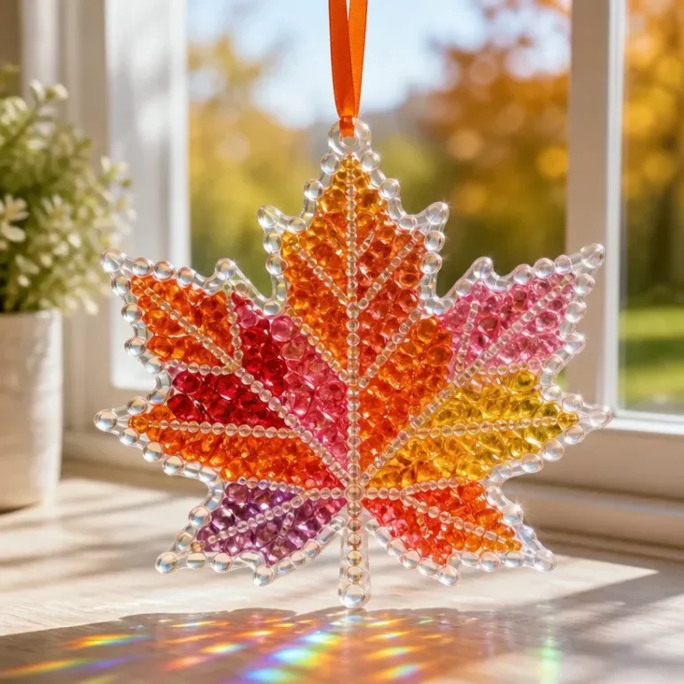Autumn leaf suncatcher with crystal rainbow for window art decor