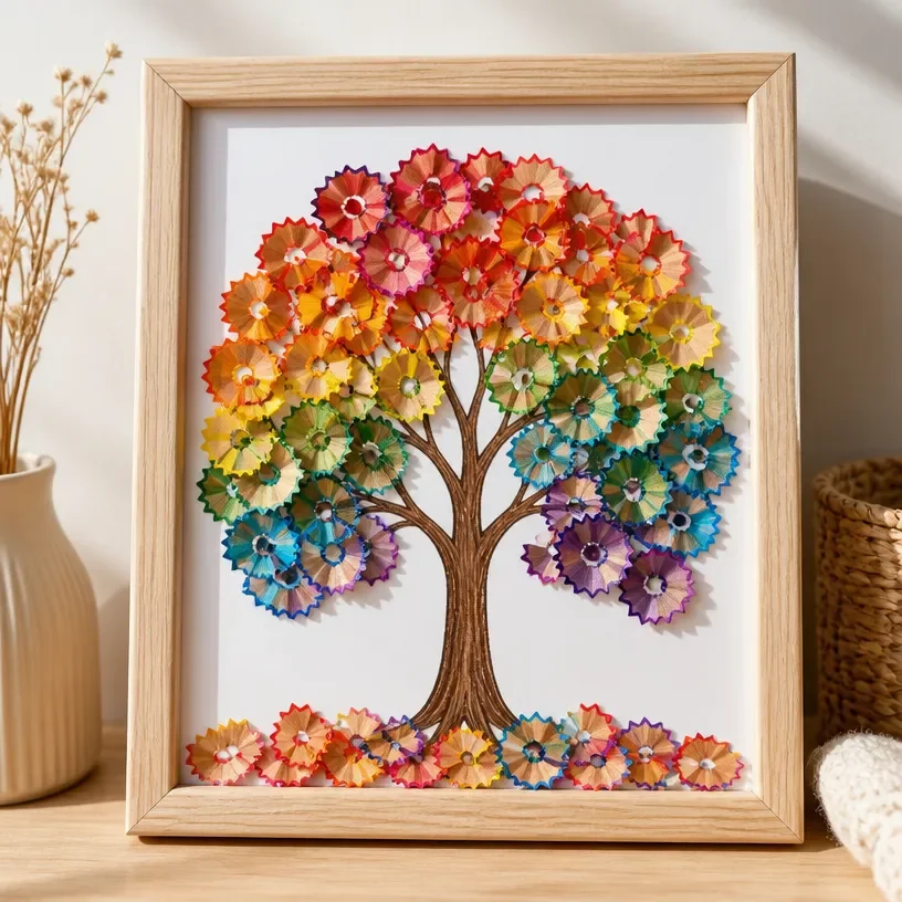 Autumn tree art made with rainbow pencil shavings, showcasing colorful leaves and artistry.