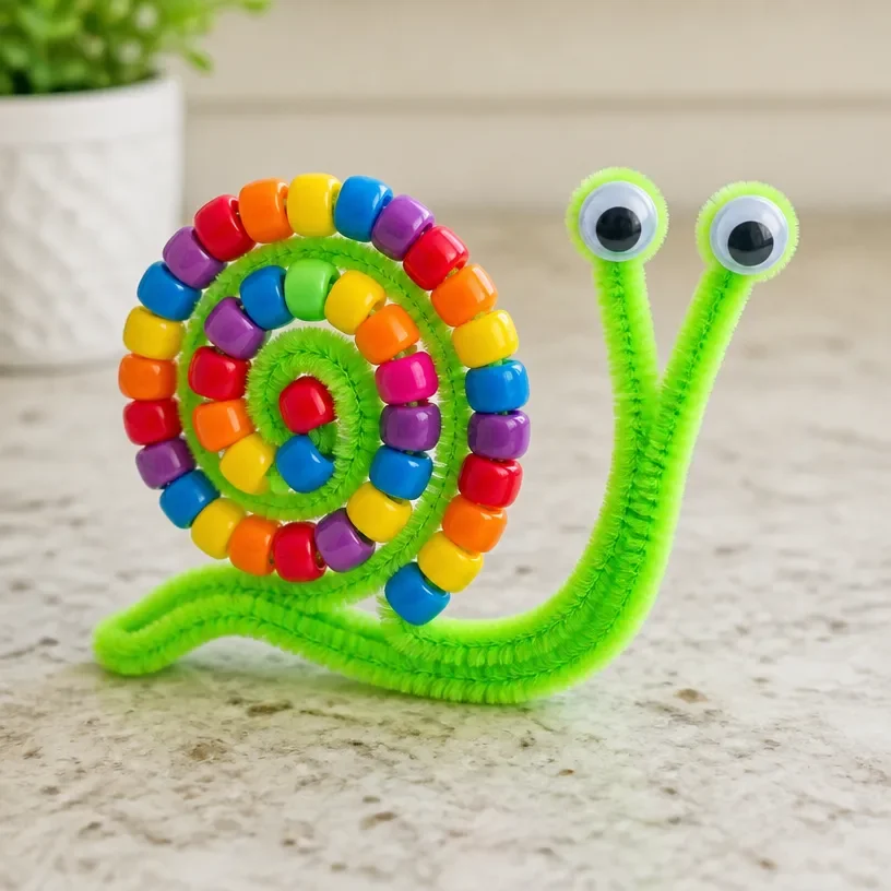 Colorful beaded pipe cleaner snail craft for kids