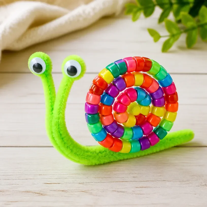 Colorful beaded pipe cleaner snail craft for kids
