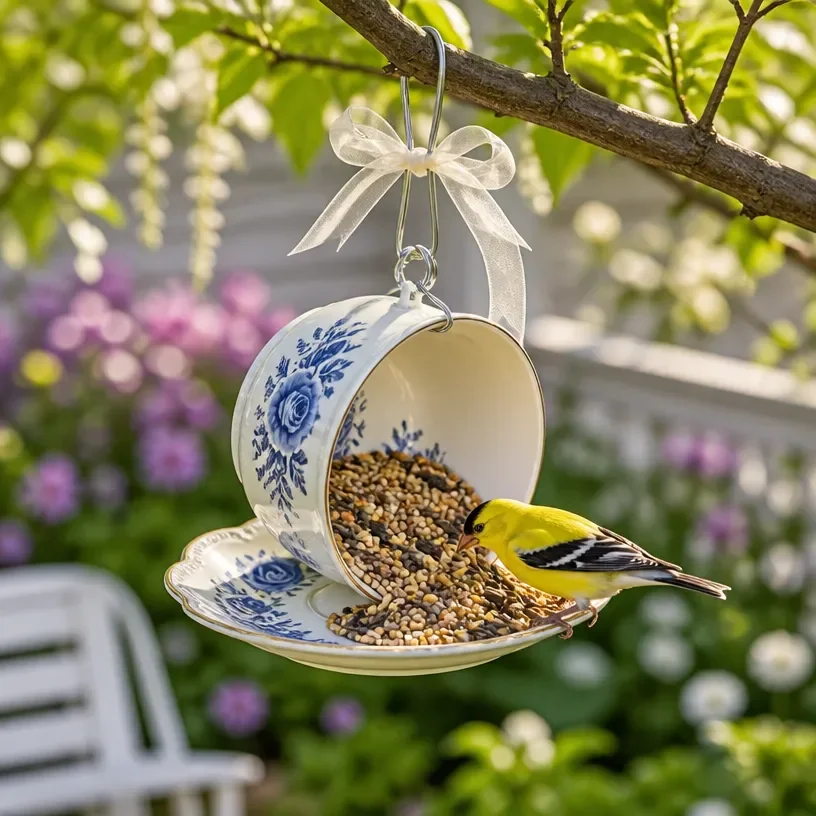 Vintage teacup bird feeder craft for garden decor