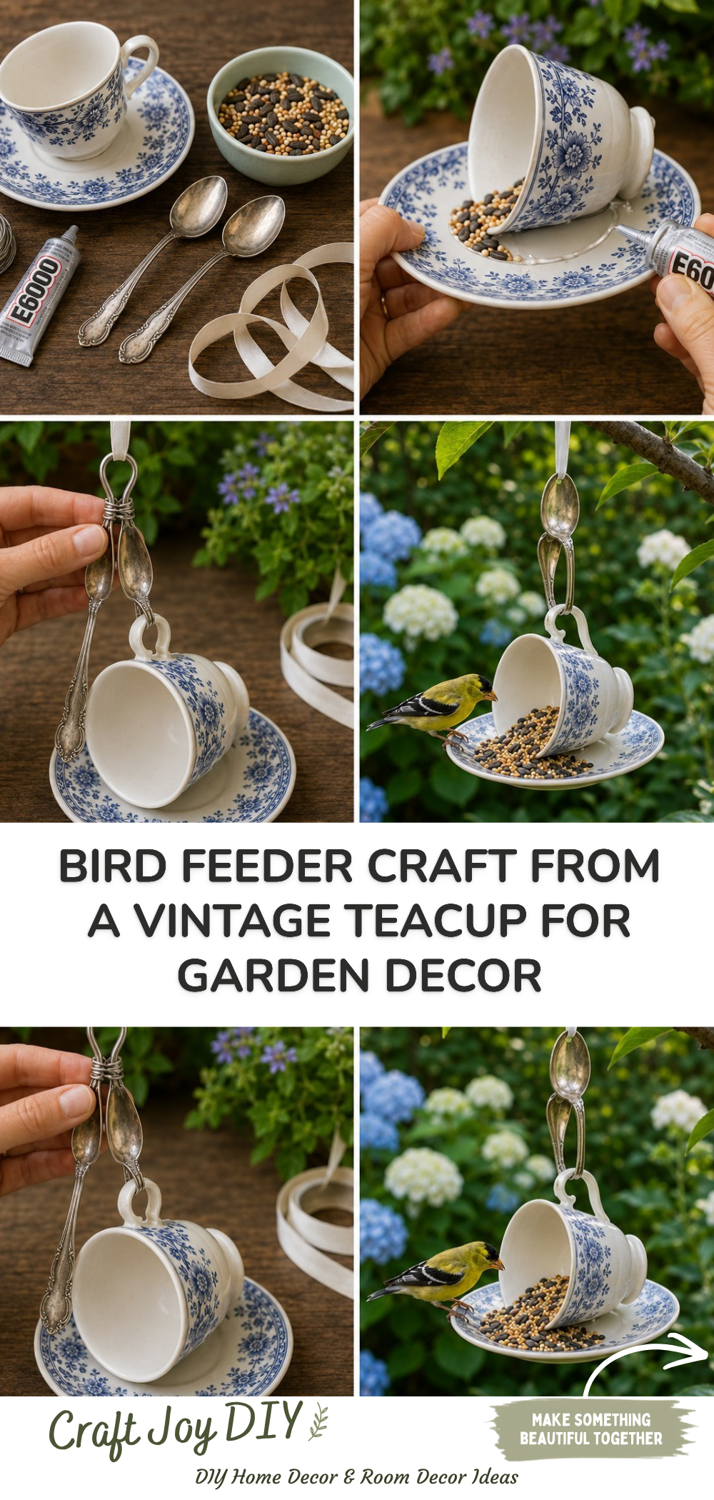 Bird Feeder Craft from a Vintage Teacup for Garden Decor