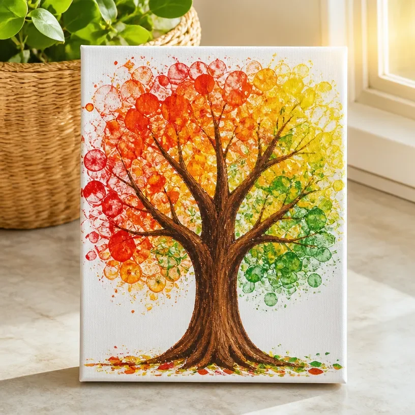 Autumn Rainbow Tree Bubble-Paint Canvas Art showcasing vibrant colors and unique designs.