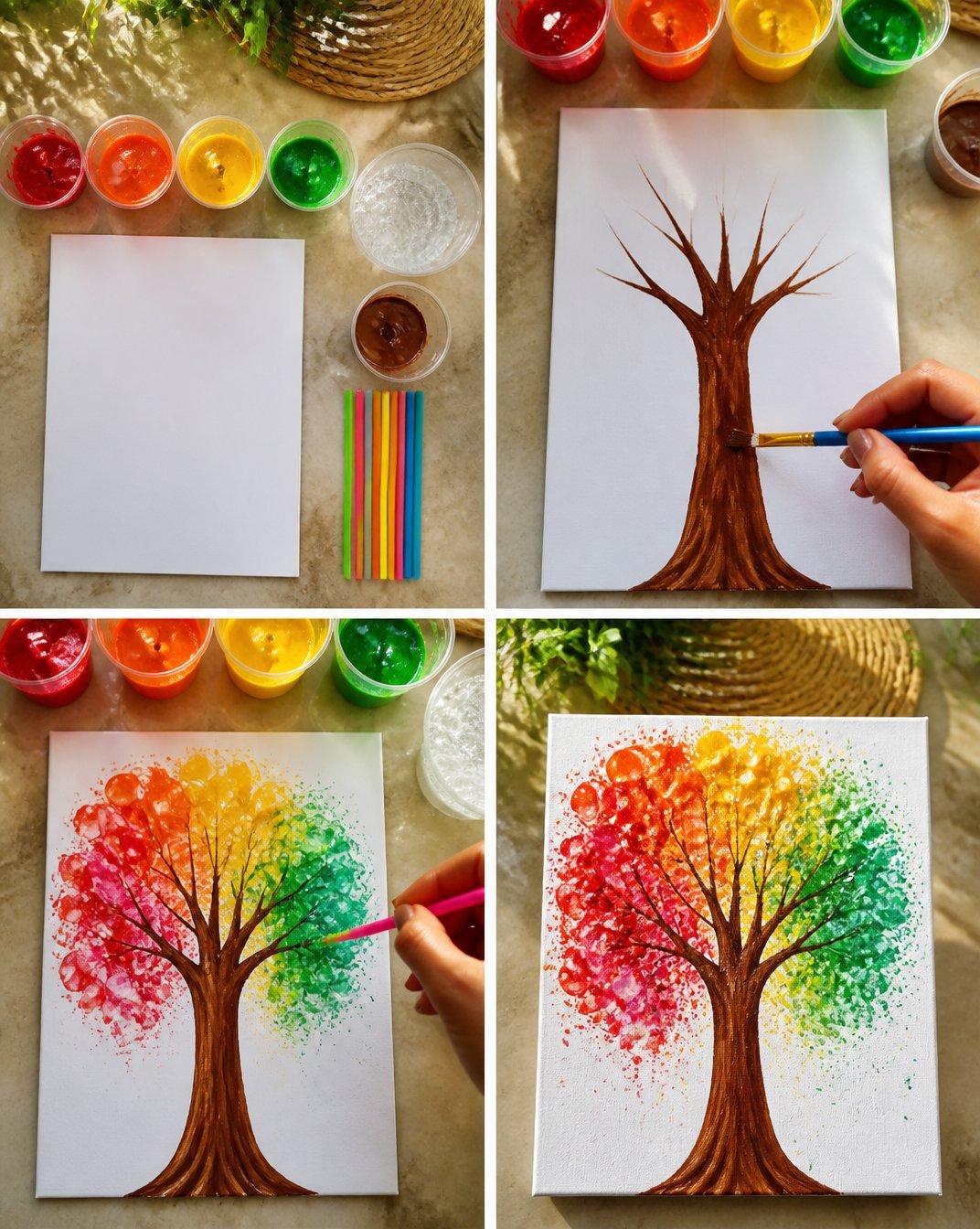 Autumn Rainbow Tree Bubble-Paint Canvas Art