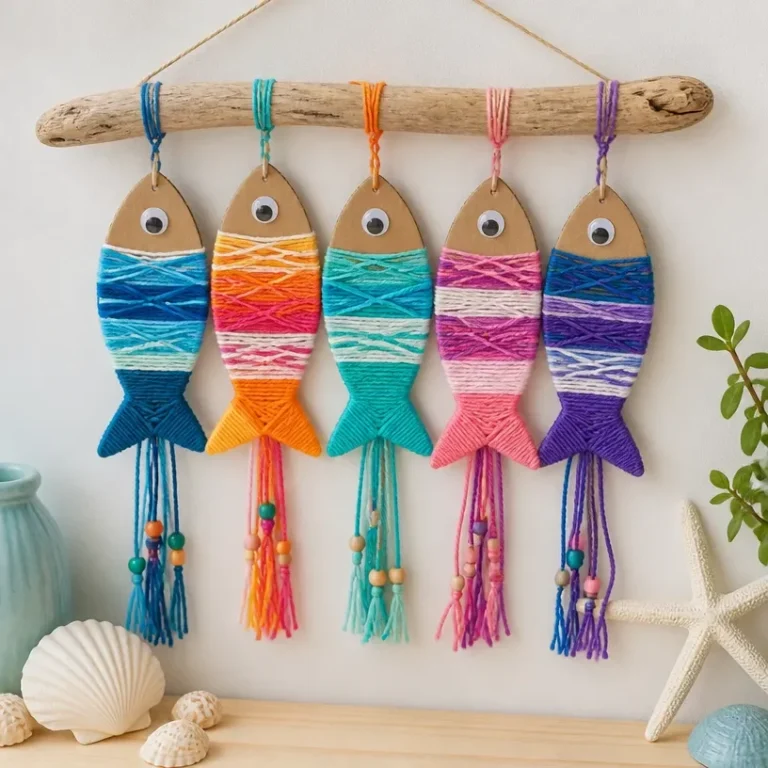 Colorful cardboard and yarn craft fish made by kids for creative art projects