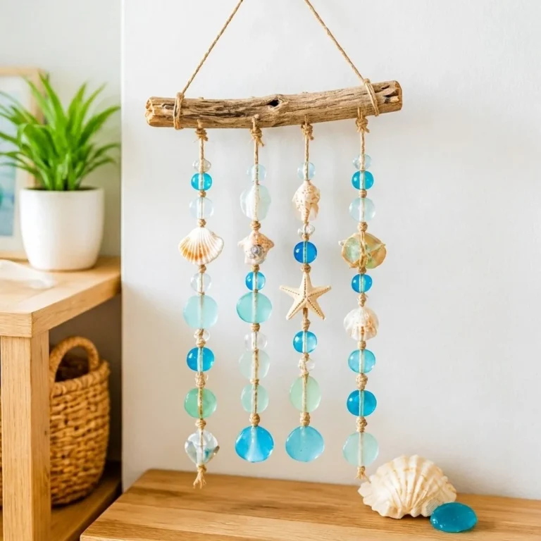 Coastal indoor decor featuring driftwood, shells, and sea glass garland.