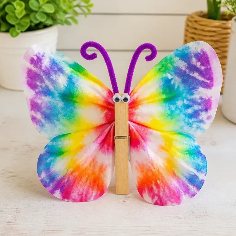 Colorful butterfly chromatography craft using coffee filters and markers.