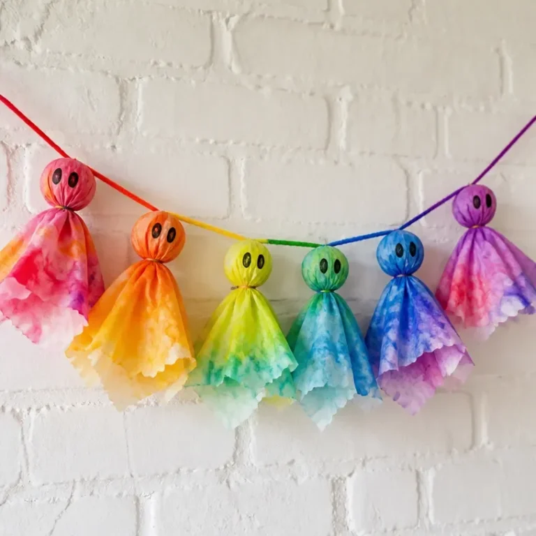DIY coffee filter ghost garland for Halloween decoration.