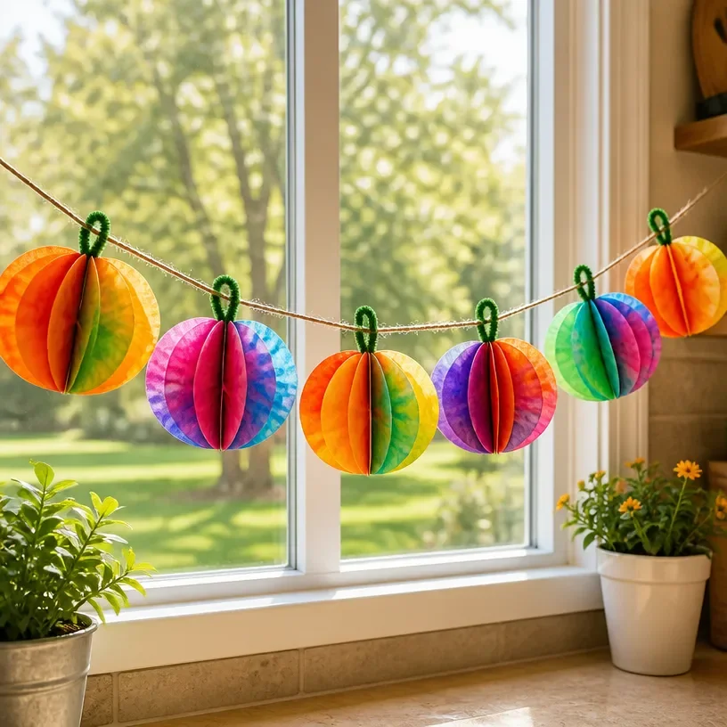 Fall pumpkin window garland made from coffee filters for autumn decoration