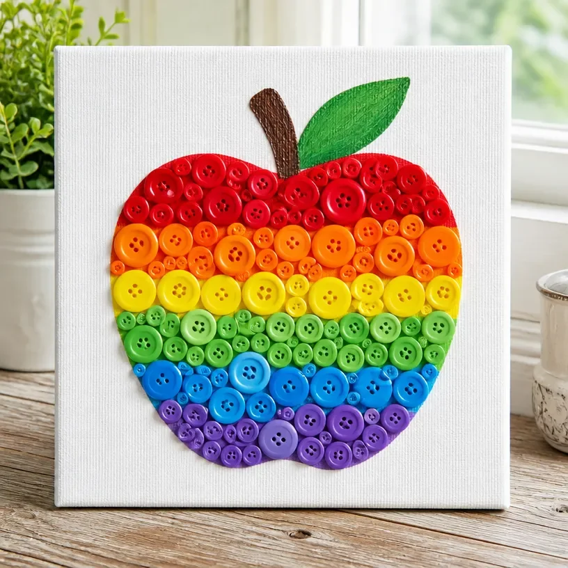 Colorful button mosaic art featuring an apple-inspired rainbow design