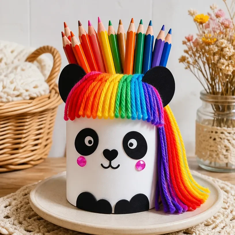 Colorful panda pencil cup desk organizer for kids' crafts