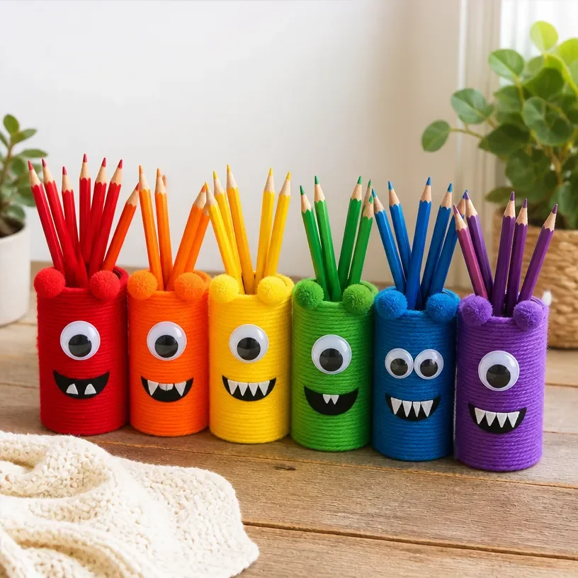 Colorful rainbow monster pencil holders on a desk, perfect for organization