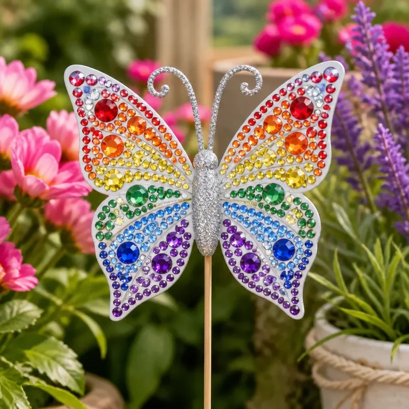 DIY crystal butterfly garden stake for decorative outdoor landscaping.
