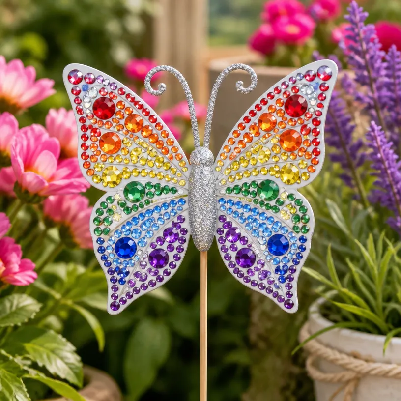 Glittery Multicolor Crystal Butterfly Garden Stake