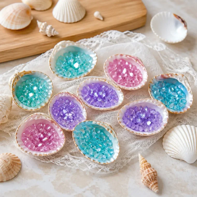 Kids crafting colorful Crystal Growing Seashell Geodes in a fun educational activity