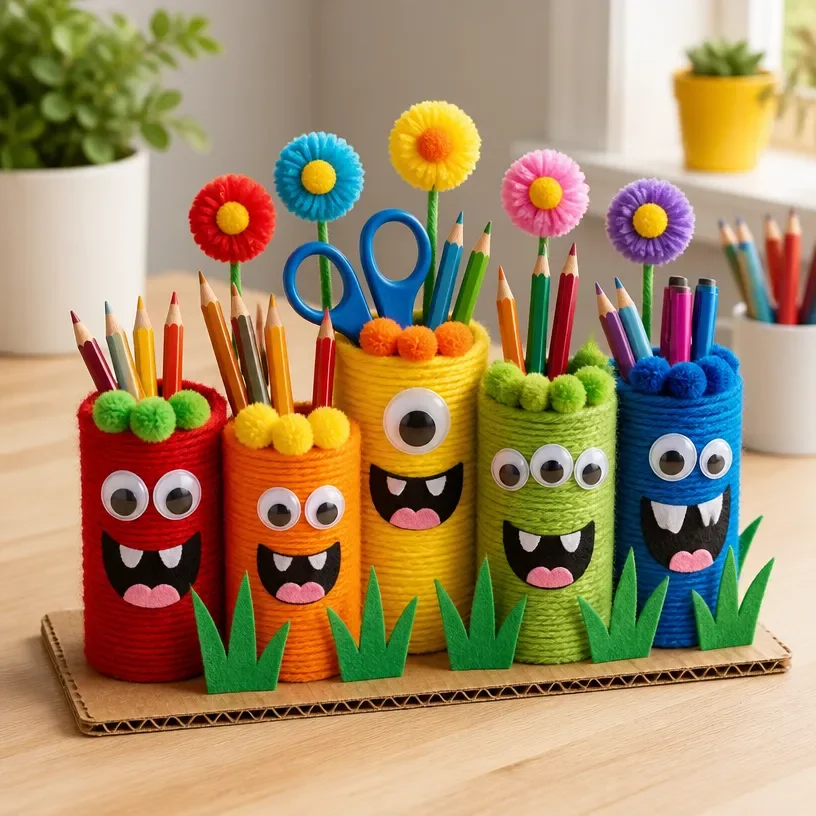 Rainbow monster desk organizer for kids with a garden theme pencil cup