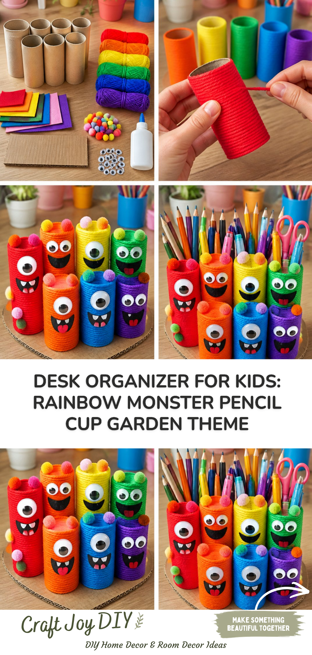Desk Organizer for Kids: Rainbow Monster Pencil Cup Garden Theme