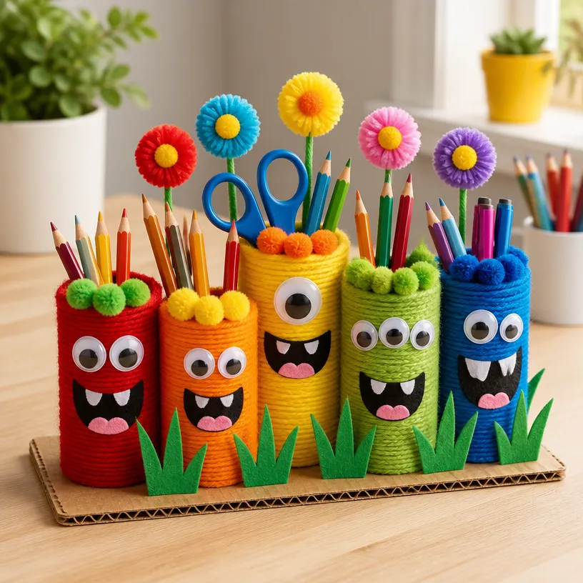 Colorful Rainbow Monster Desk Organizer for Kids: Pencil Cup Garden Theme