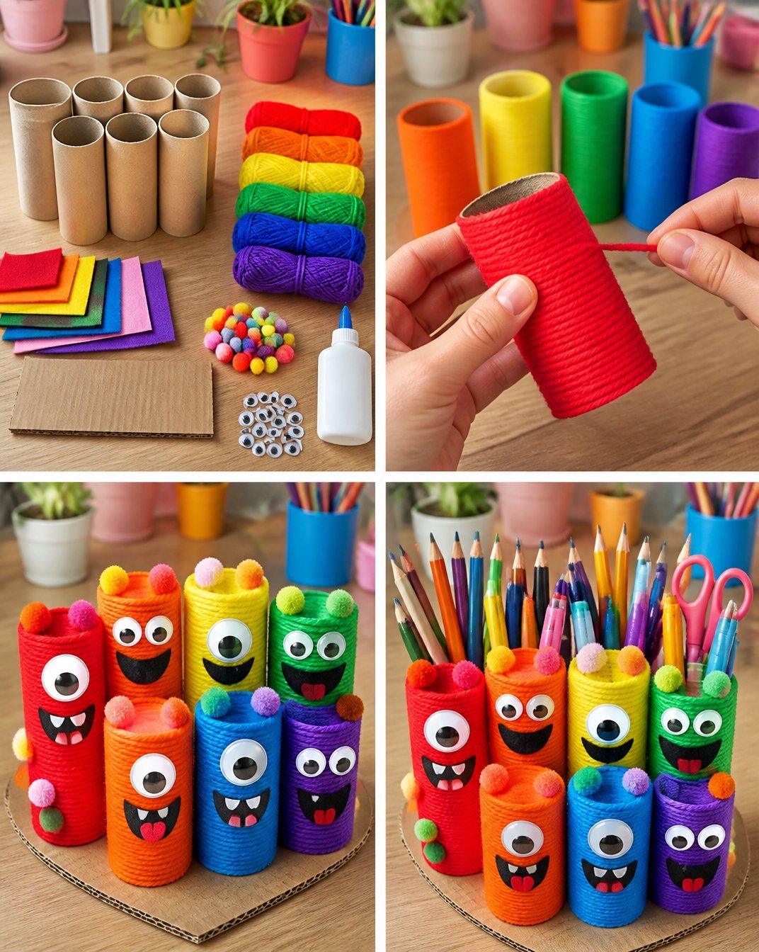 Colorful Rainbow Monster Desk Organizer for Kids: Pencil Cup Garden Theme