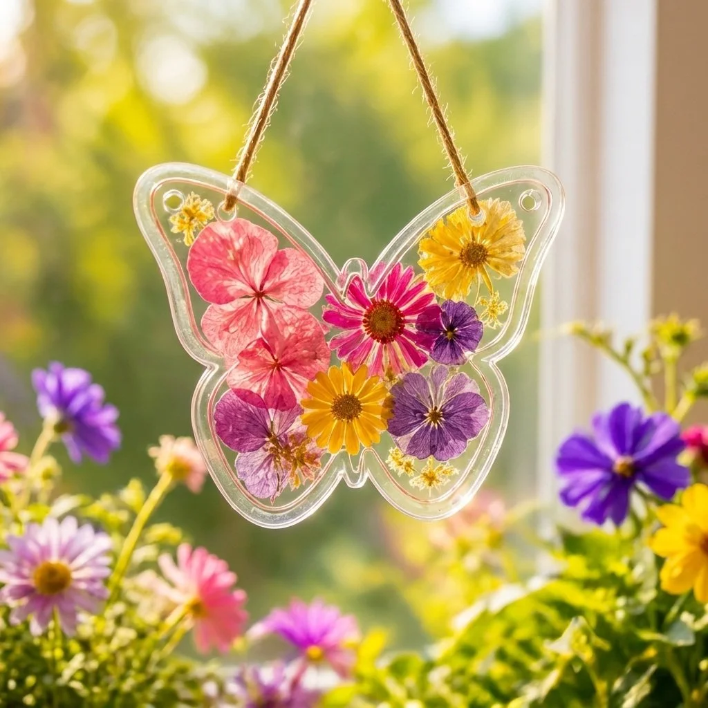 DIY botanical butterfly ornament made with pressed flowers