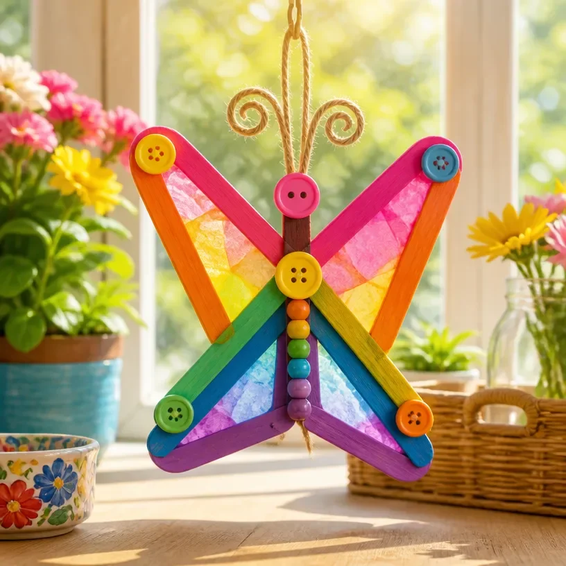 Colorful paper butterfly suncatcher craft for kids