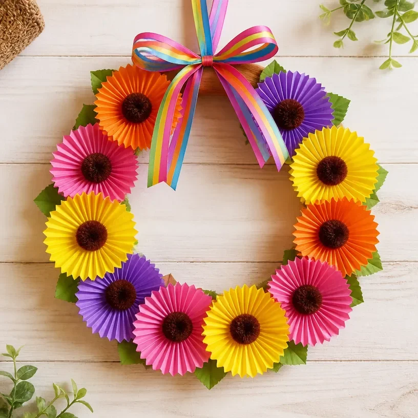 Colorful DIY sunflower wreath made from cupcake liners