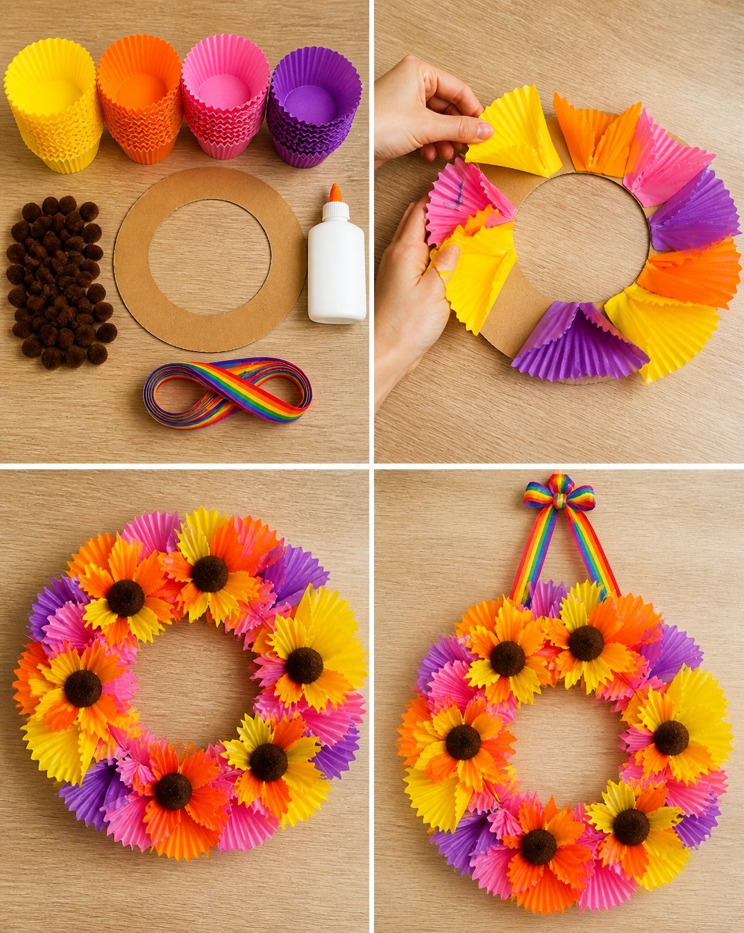 DIY Colorful Cupcake-Liner Sunflower Wreath