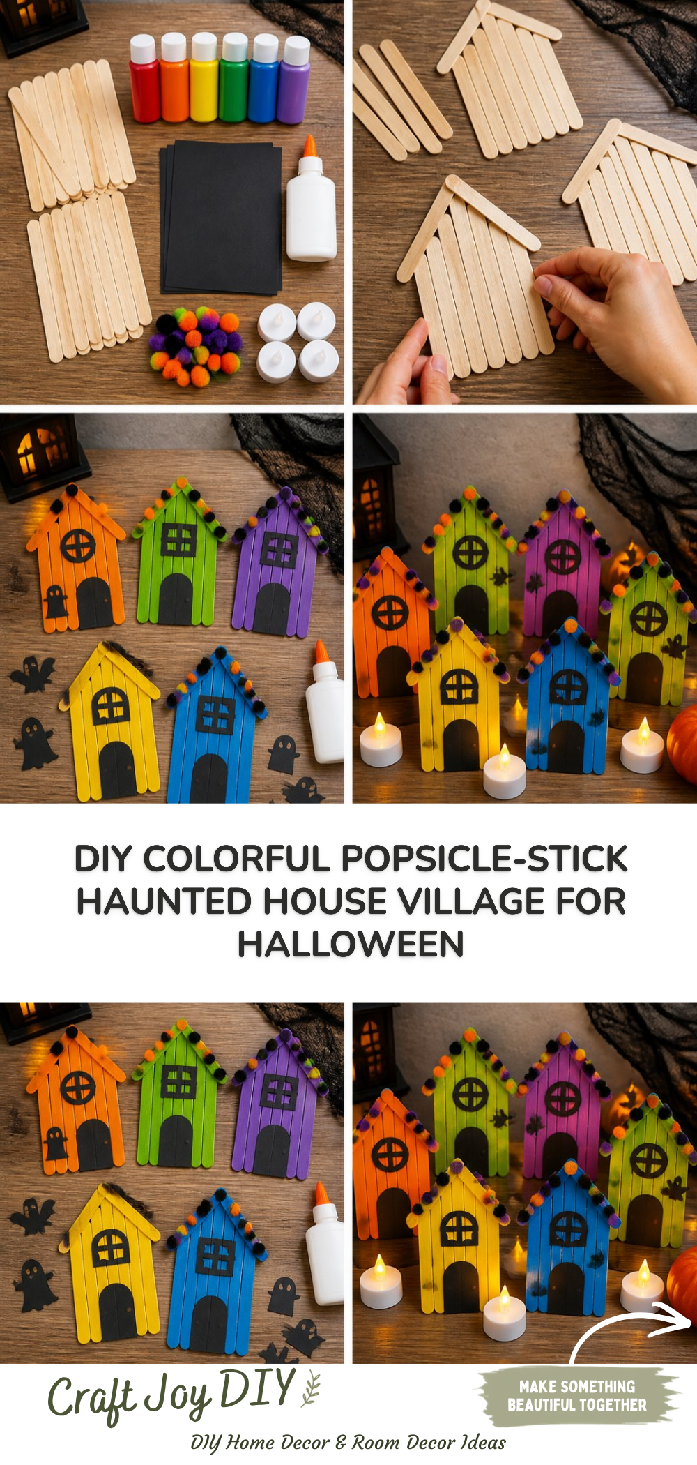 DIY Colorful Popsicle-Stick Haunted House Village for Halloween