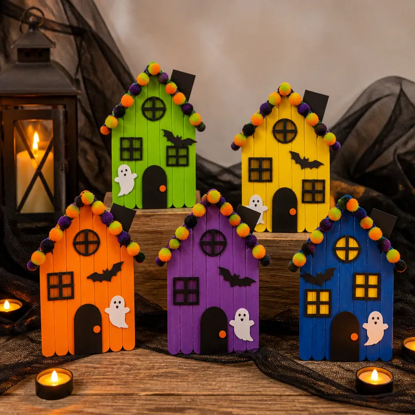 DIY Colorful Popsicle-Stick Haunted House Village for Halloween