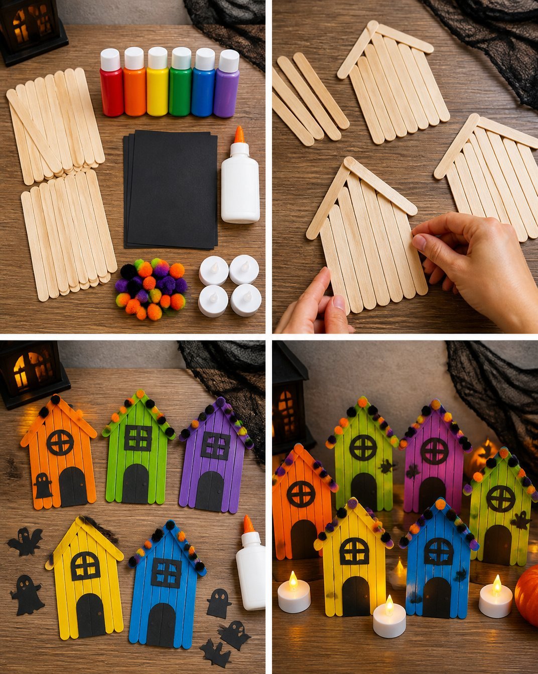 DIY Colorful Popsicle-Stick Haunted House Village for Halloween