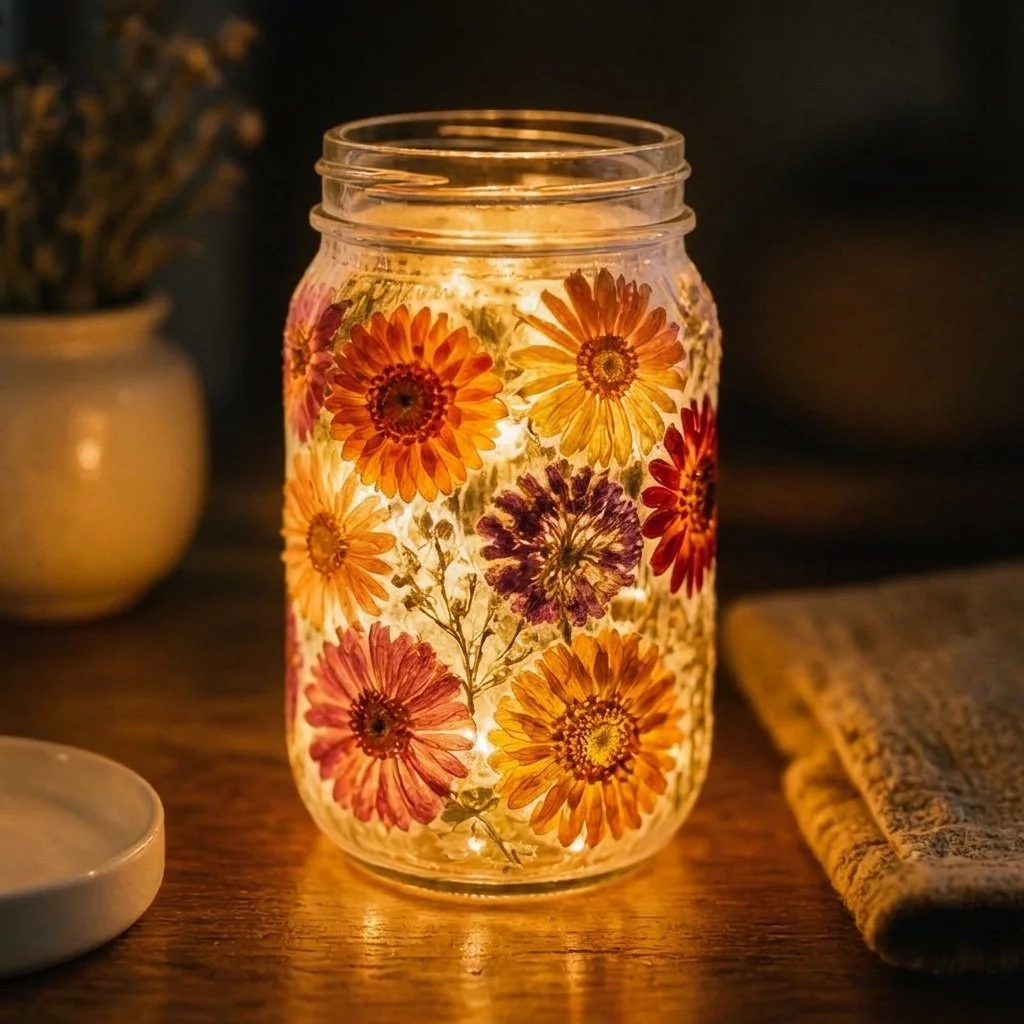 DIY dried flower lantern jar that emits a warm glow using preserved flowers.