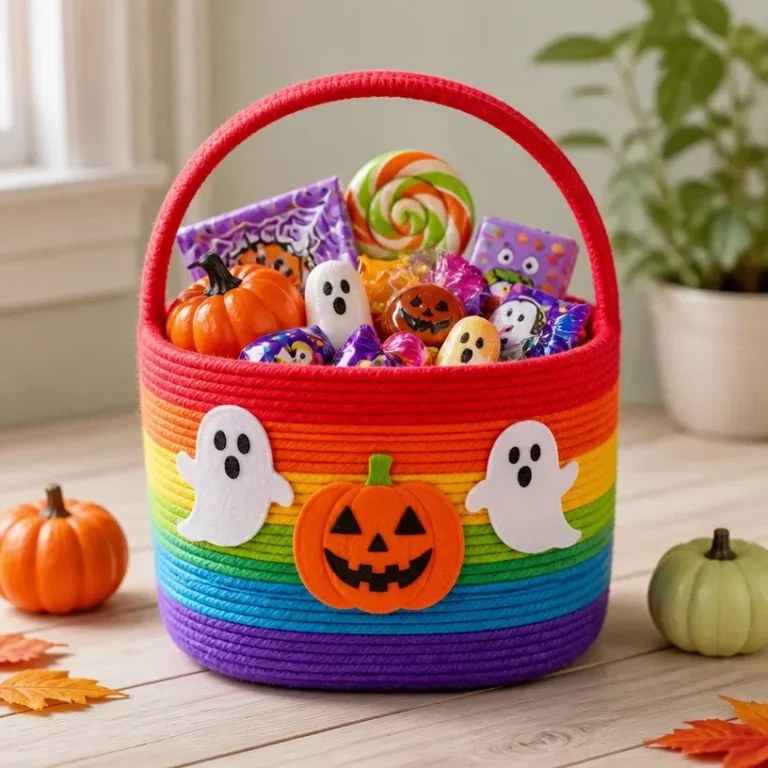 Colorful DIY Halloween Boo Basket filled with treats and decorations for kids