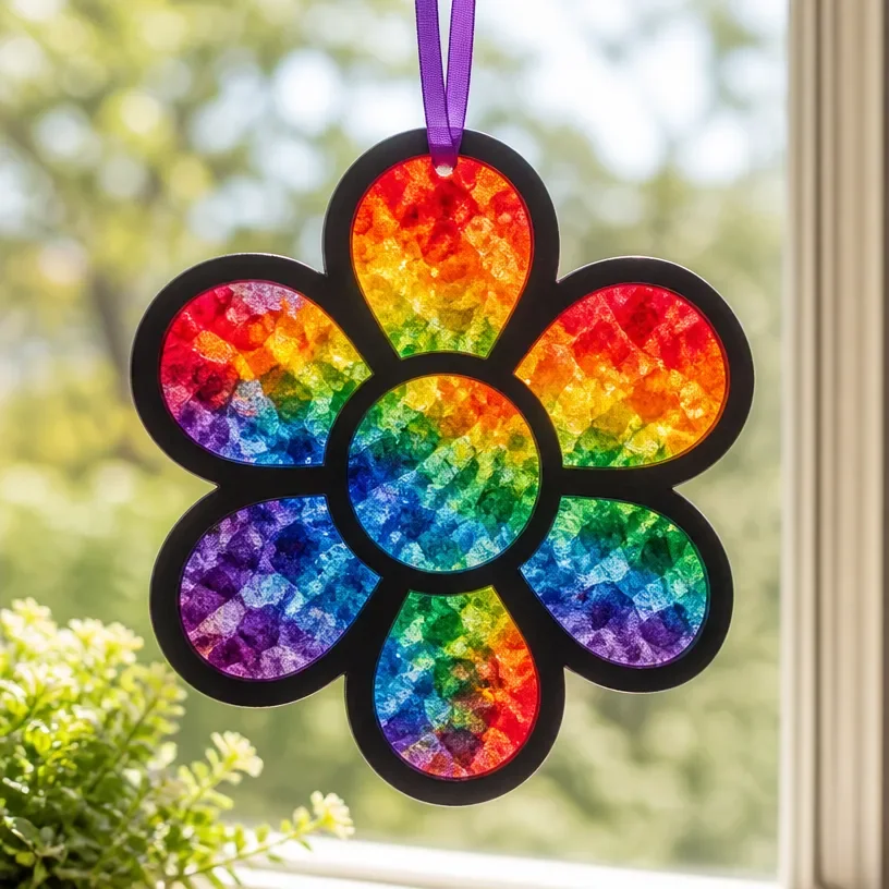 Colorful DIY melted crayon rainbow flower suncatcher for spring decor