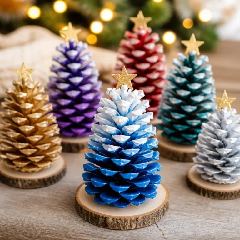 DIY pine cone Christmas trees decorated for holiday cheer