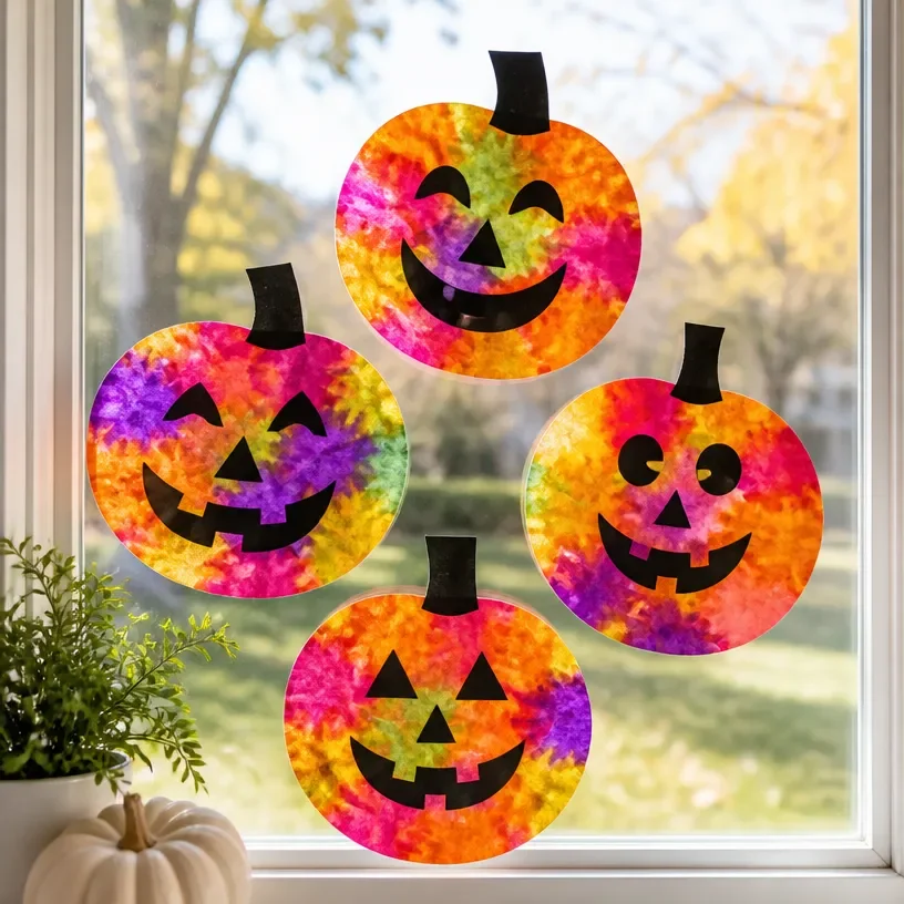 Colorful DIY pumpkin suncatchers made from tie-dye coffee filters