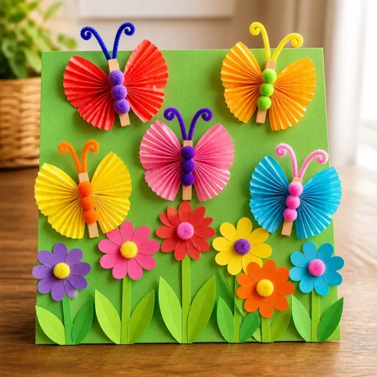 Colorful DIY rainbow butterfly garden made with cupcake liners