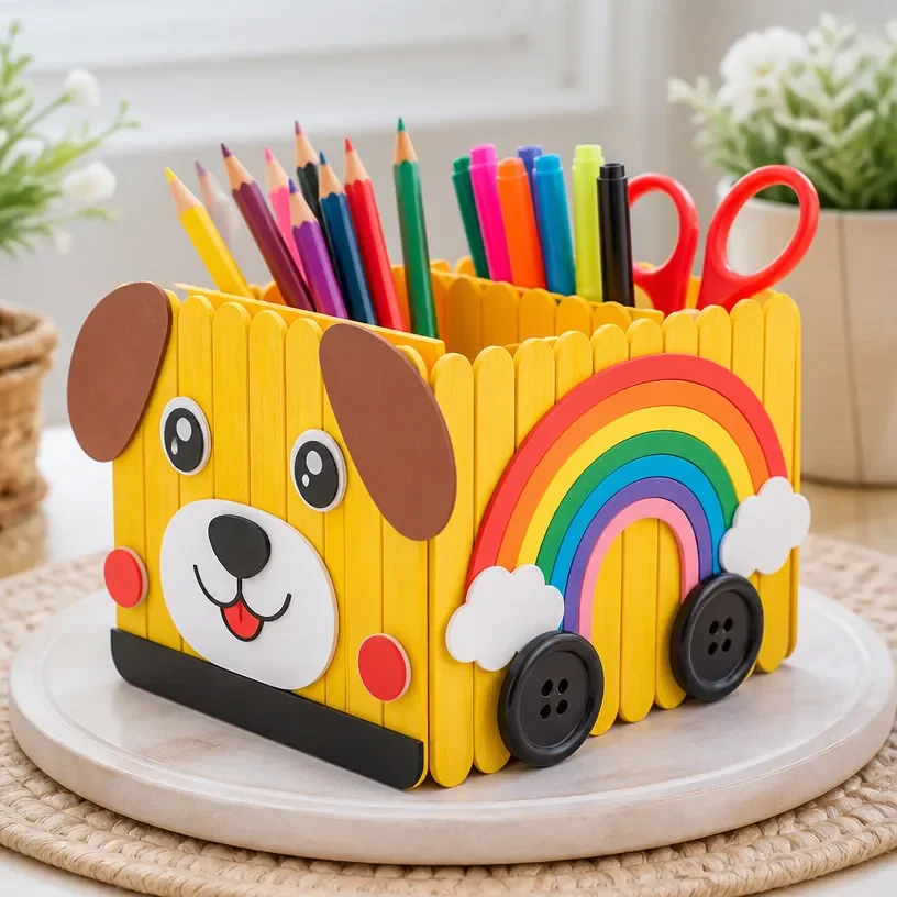 Colorful DIY Rainbow School Bus craft made with popsicle sticks for kids.