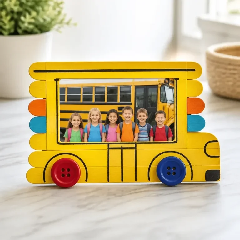 Colorful DIY Rainbow School Bus photo frame craft for kids