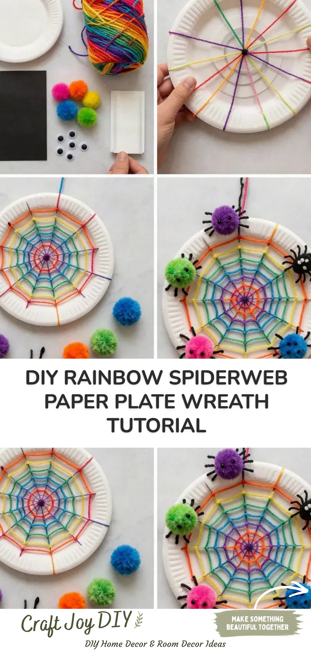 DIY Rainbow Spiderweb Paper Plate Wreath Tutorial