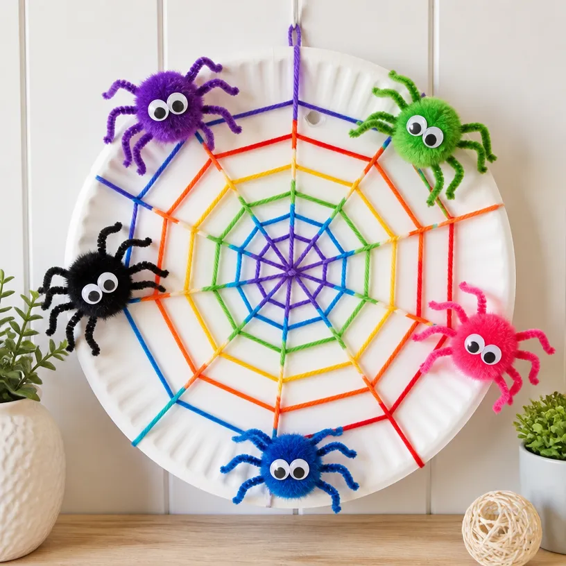 DIY Rainbow Spiderweb Paper Plate Wreath Tutorial