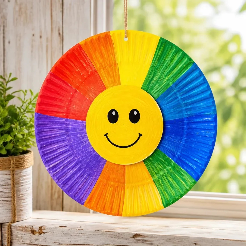 Colorful DIY rainbow sun craft made from paper plates for kids