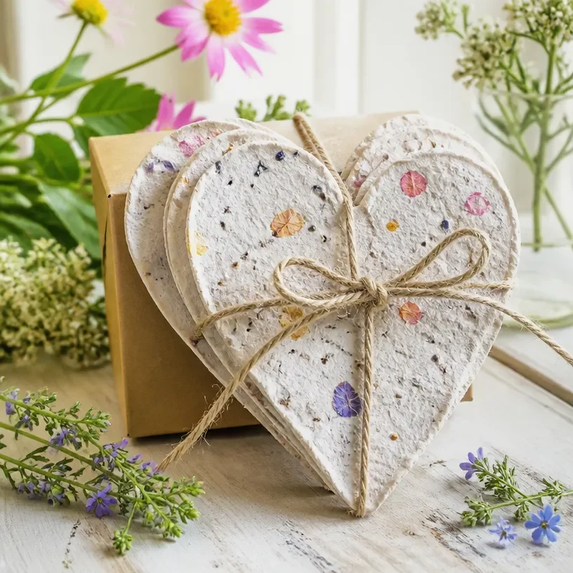 Colorful DIY seed paper hearts ready to be planted as garden gifts.