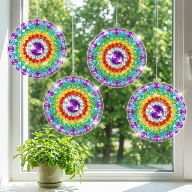 Colorful DIY stained glass sun catchers crafted by children.