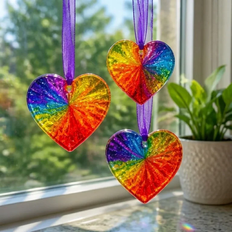 Colorful DIY swirled glue sun catchers hanging in window