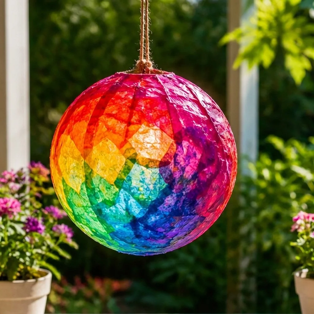 Colorful DIY tissue paper garden globe suncatcher for kids