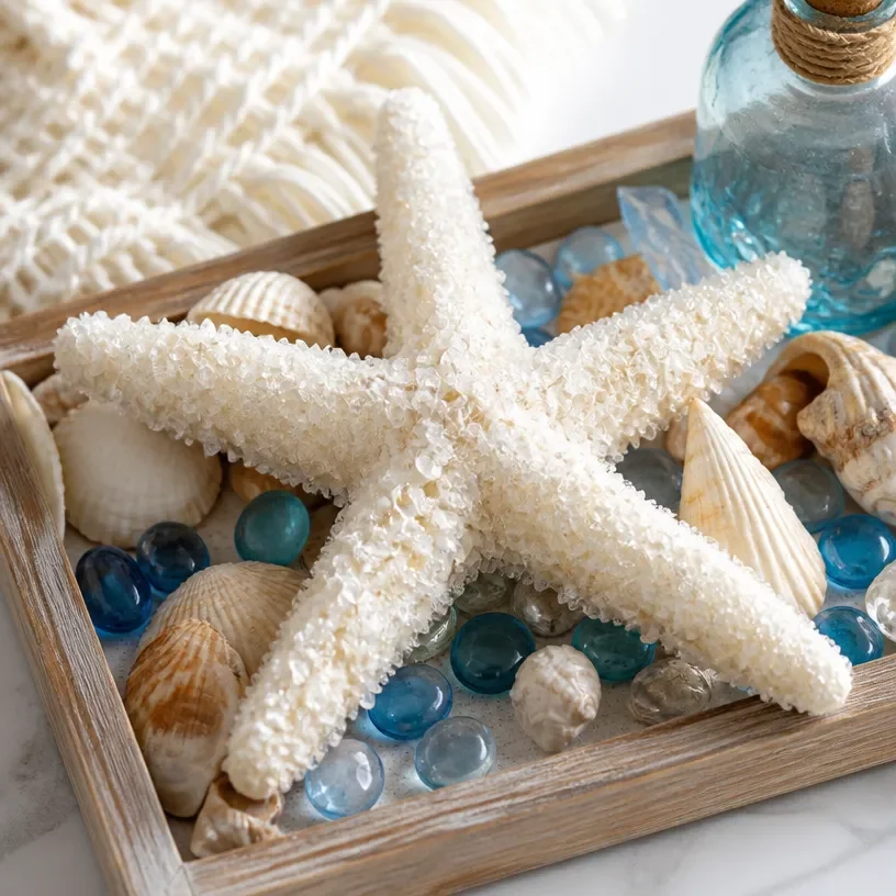 DIY beach decor using Dollar Store starfish crystals for a coastal theme