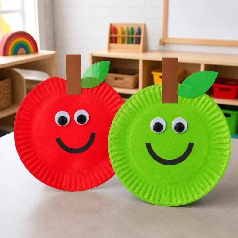 Kids making a paper plate apple craft in colorful art materials.