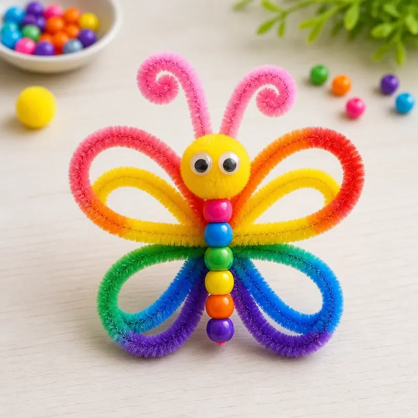 Colorful pipe cleaner butterfly craft for kids
